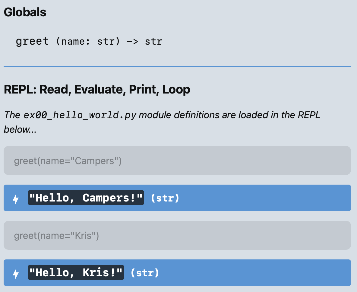 `greet` REPL Interactions